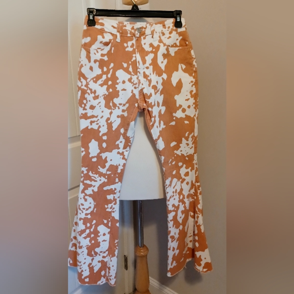 Sunland 17 Cow Print Denim Flare Jeans Sz Small White/ Rust Color #0256